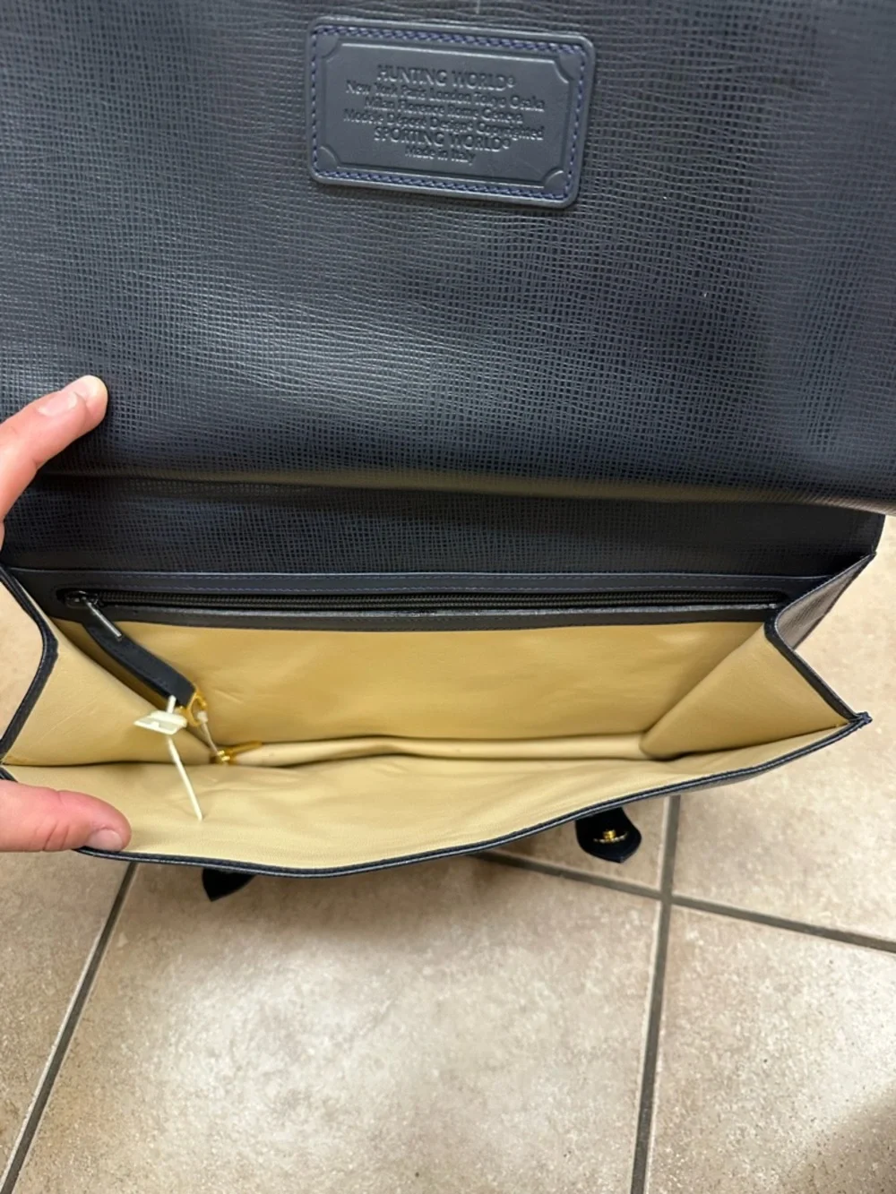 Vintage Hunting World Leather Briefcase Navy Satchel Gold Hardware Italy